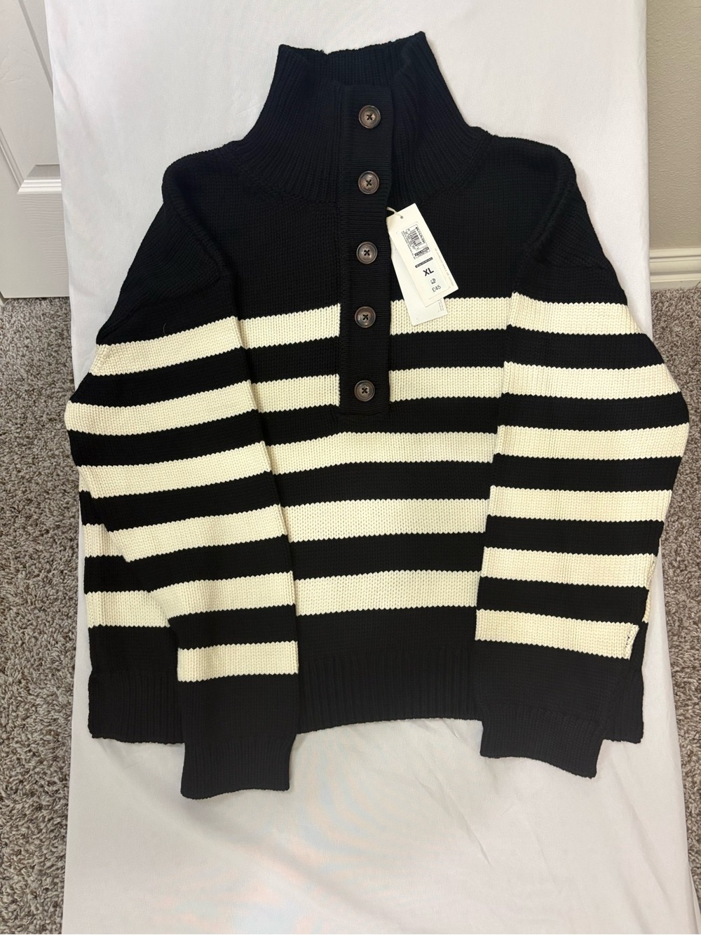 per una Black and Cream Striped Button-Neck Sweater